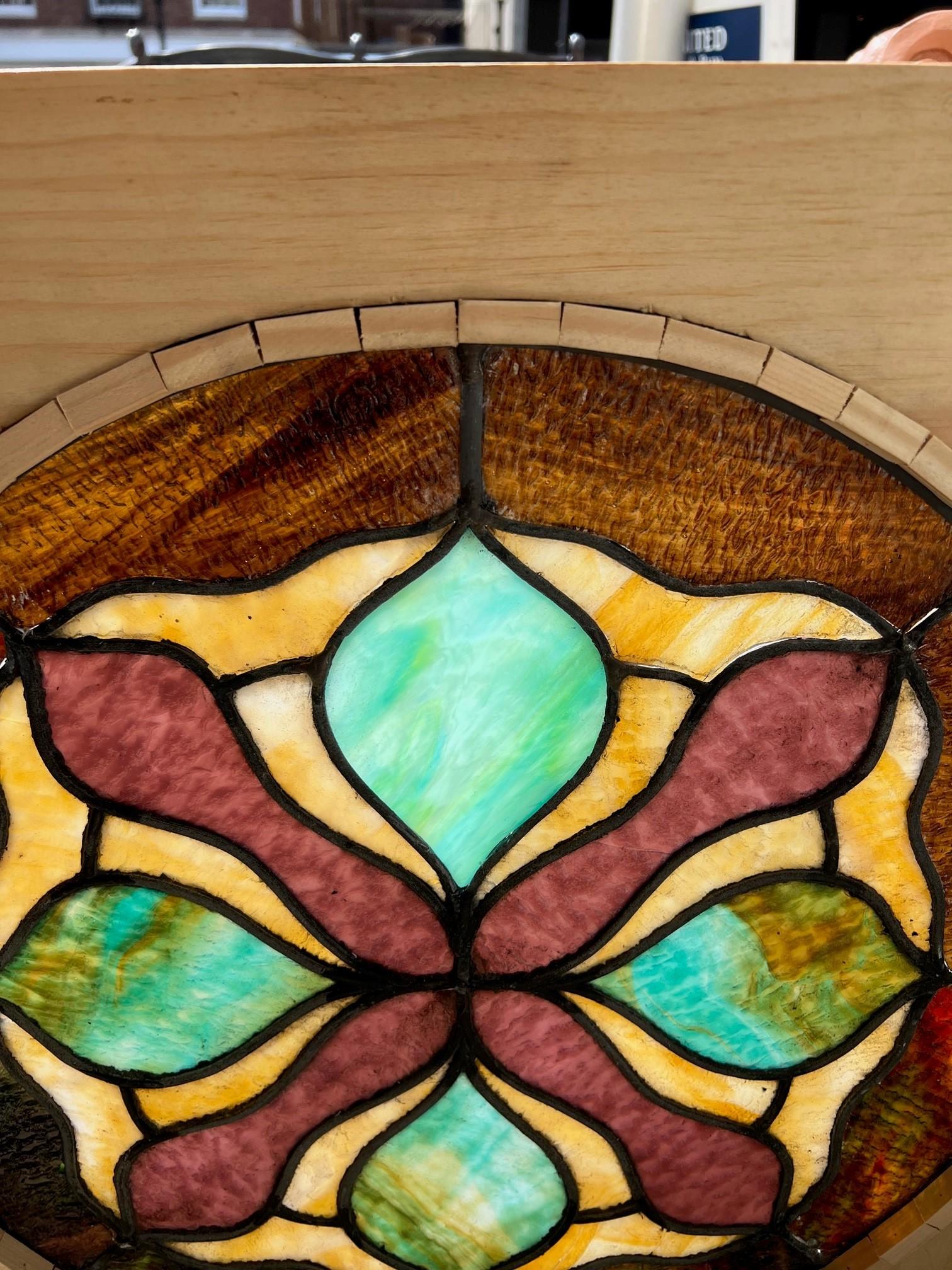 Early 20th Century Antique Round Stained Glass Window in a New Wood Frame  For Sale 2