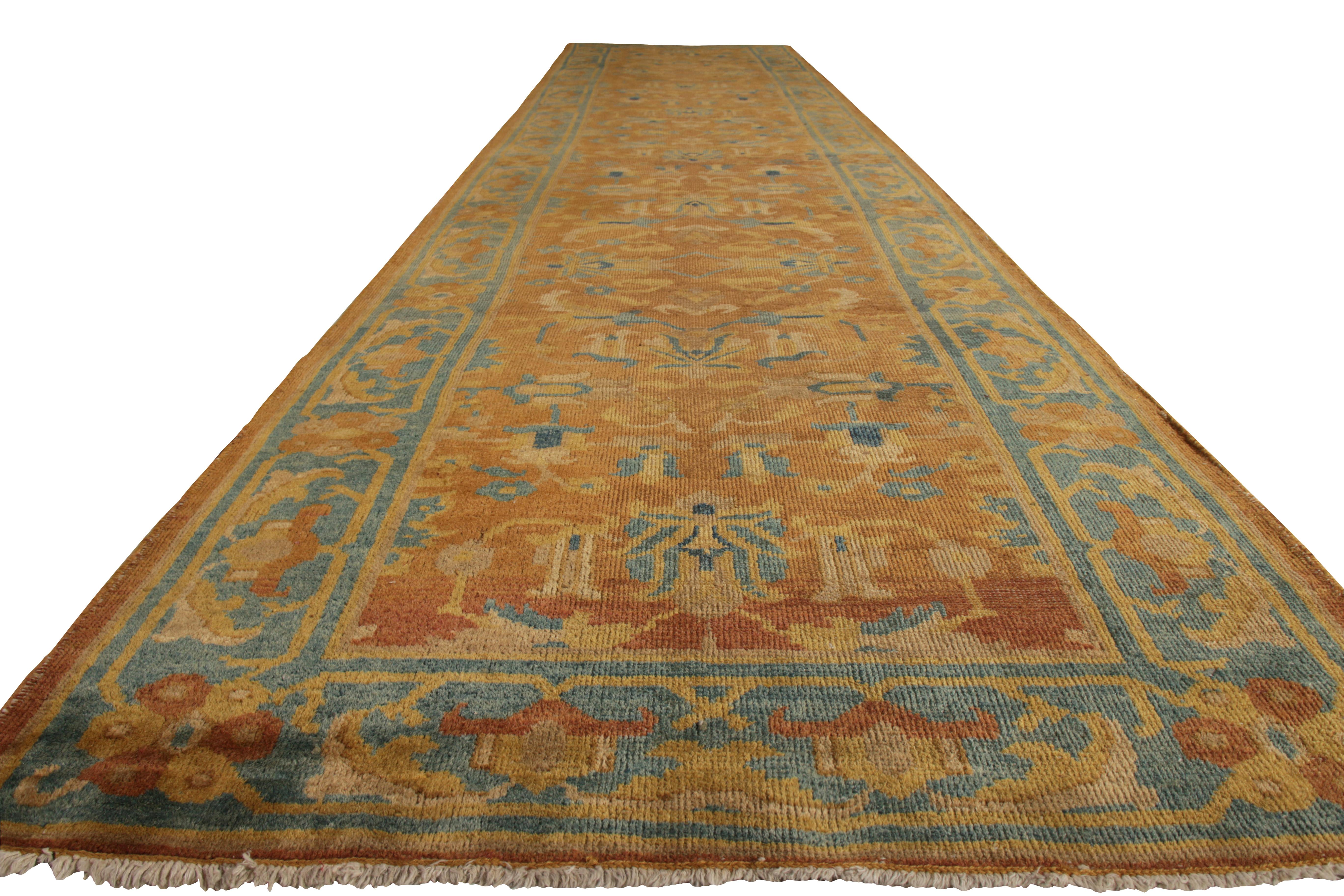 Rustic Early 20th Century Antique Runner Beige Blue Geometric Floral Amritsar Rug