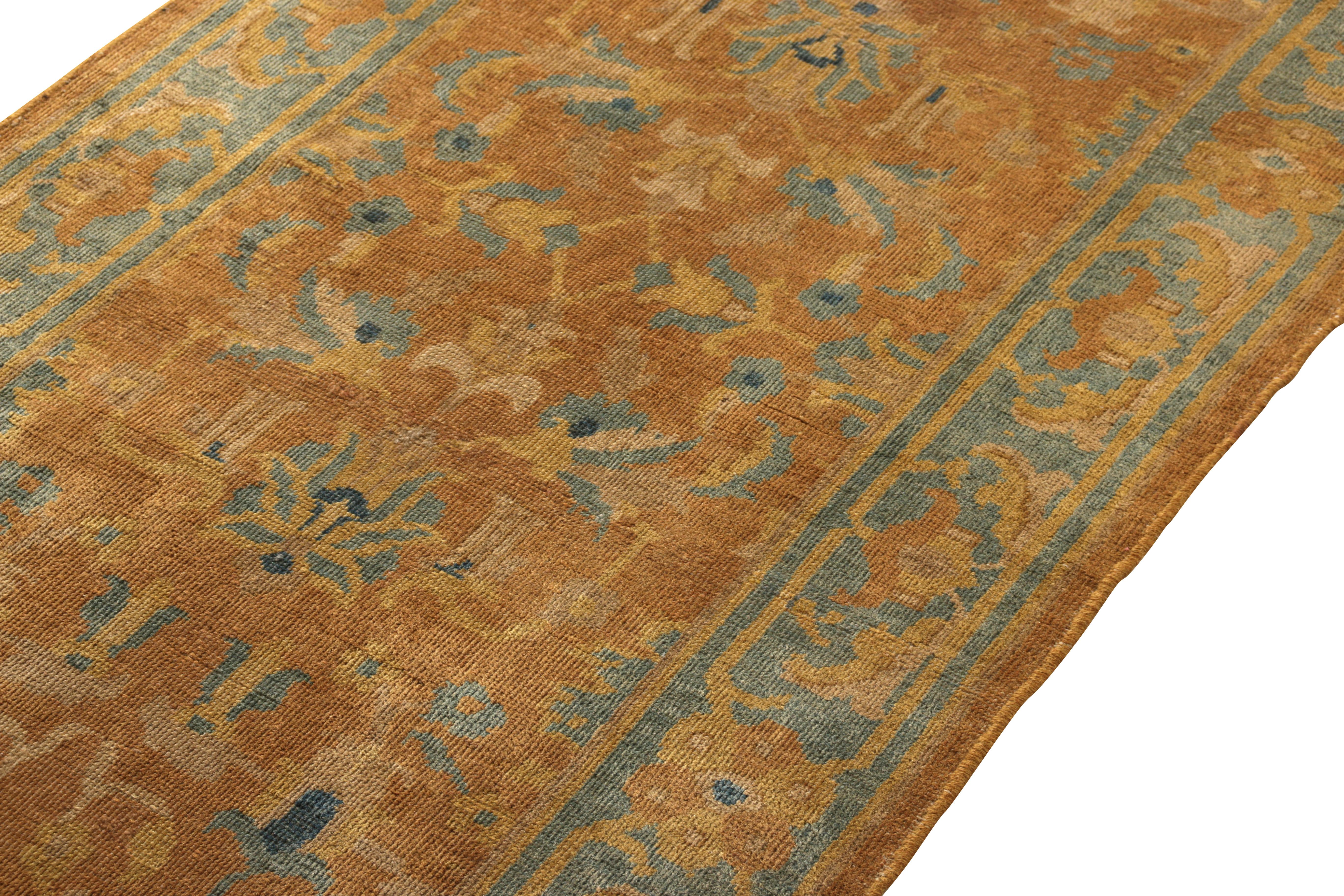 Hand-Knotted Early 20th Century Antique Runner Beige Blue Geometric Floral Amritsar Rug