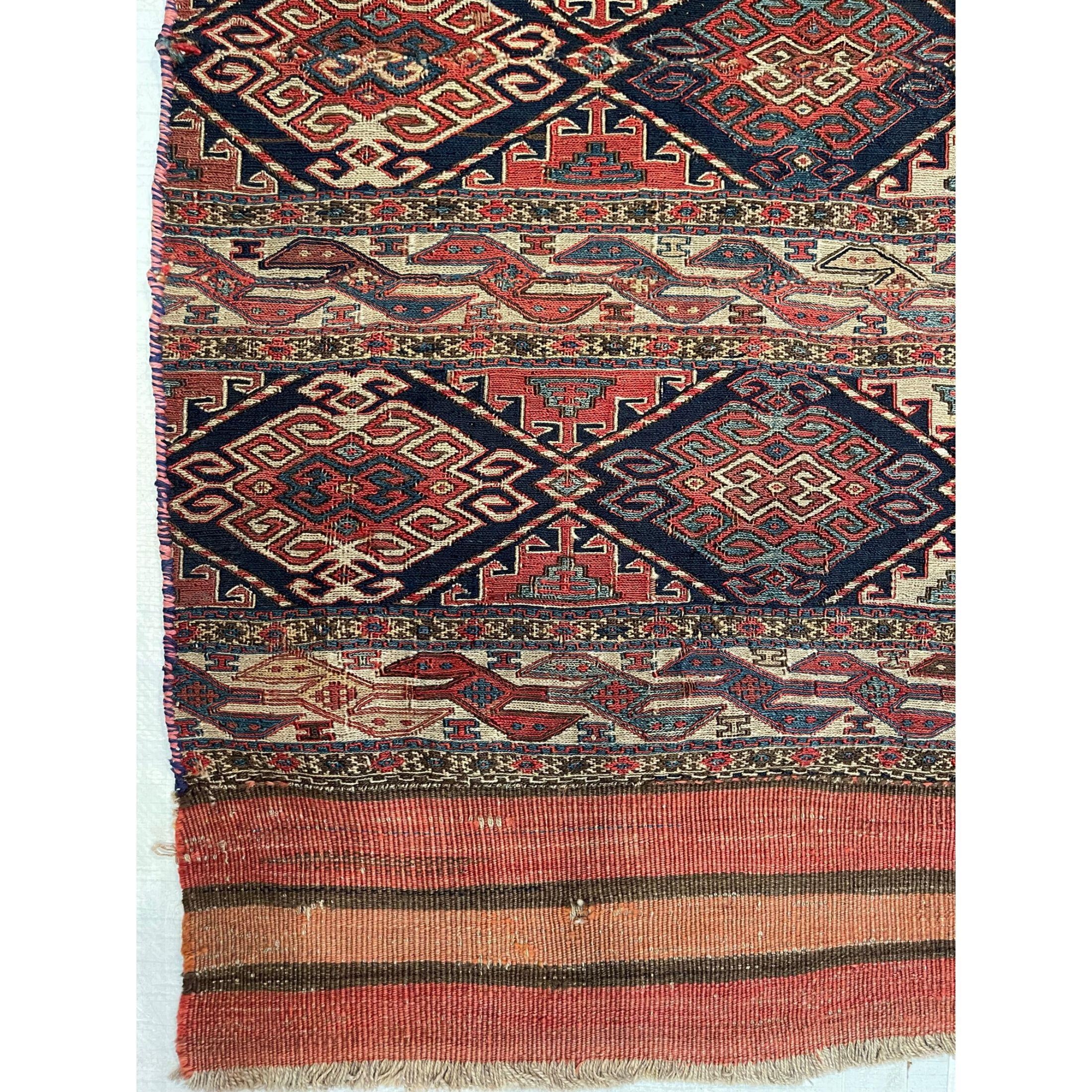Other Early 20th Century Antique Shahsavand Fish Design Flat Weave Rug For Sale