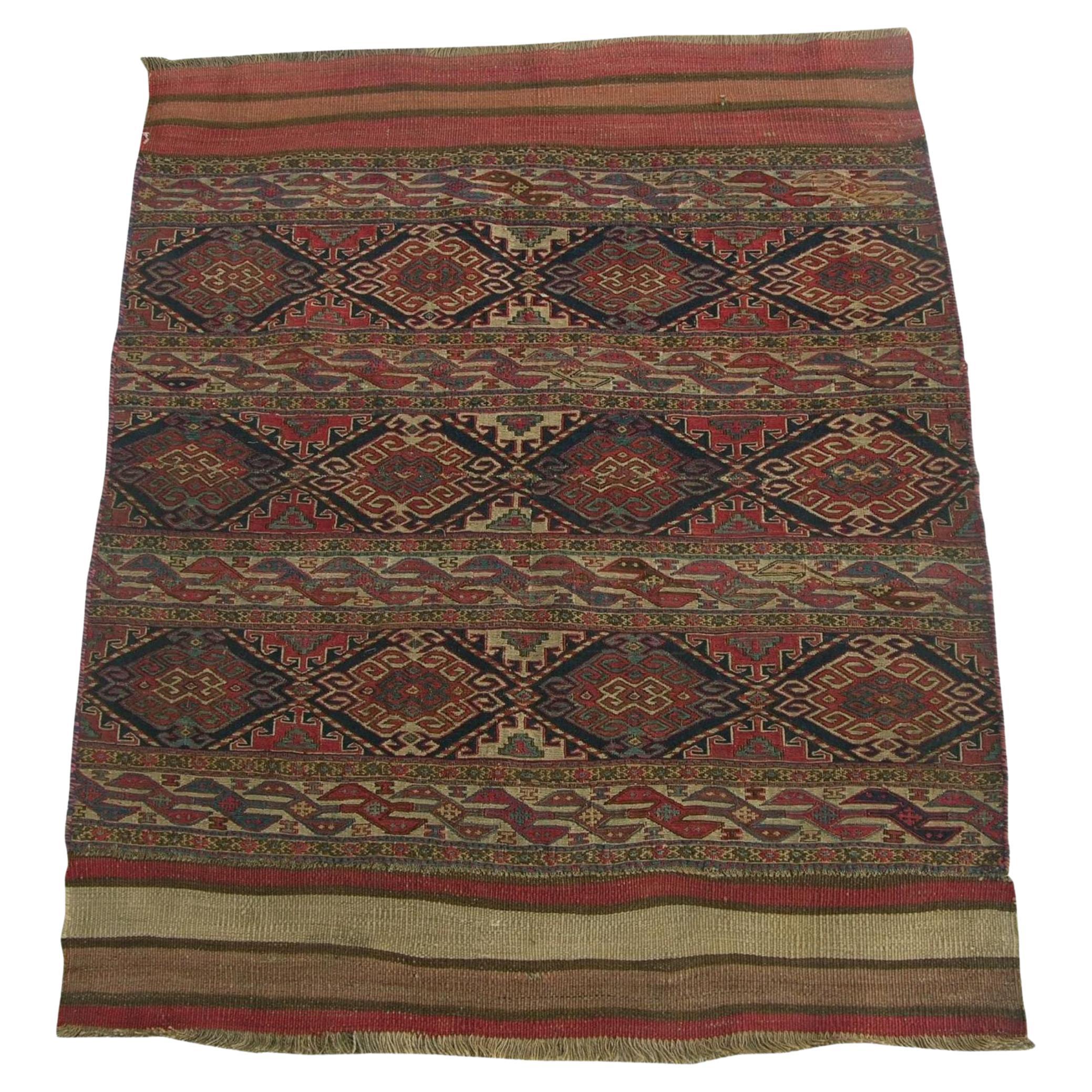 Early 20th Century Antique Shahsavand Fish Design Flat Weave Rug For Sale
