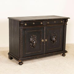 Early 20th Century Antique Sideboard Cabinet Painted Black With Carved Fox and B