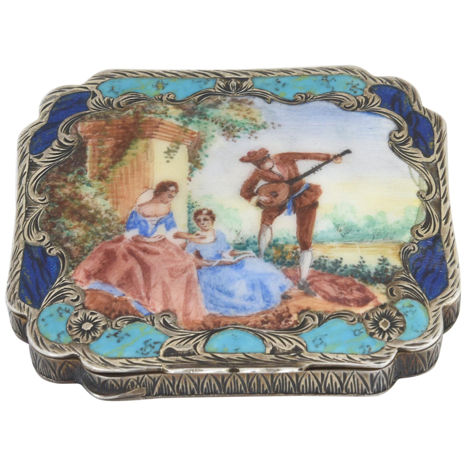 Early 20th Century Antique Silver Enamel Figures in Garden Scene Compact For Sale