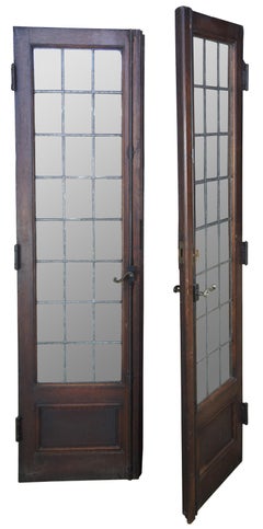 Early 20th Century Antique Solid Oak Leaded Glass Paneled French Doors