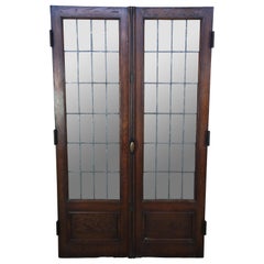 Early 20th Century Used Solid Oak Leaded Glass Paneled French Doors