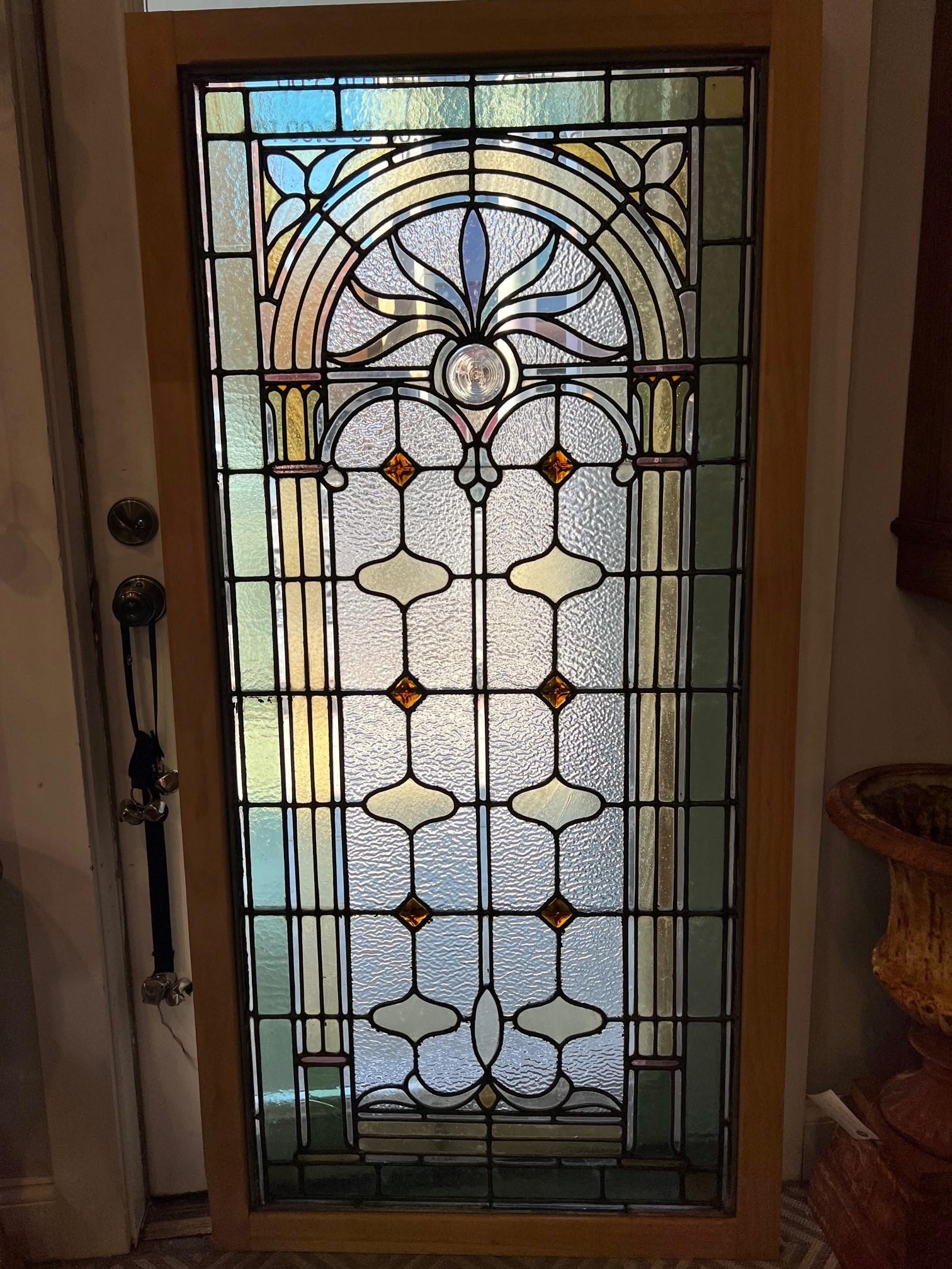 American Early 20th Century Antique Stained Glass Window in a New Frame