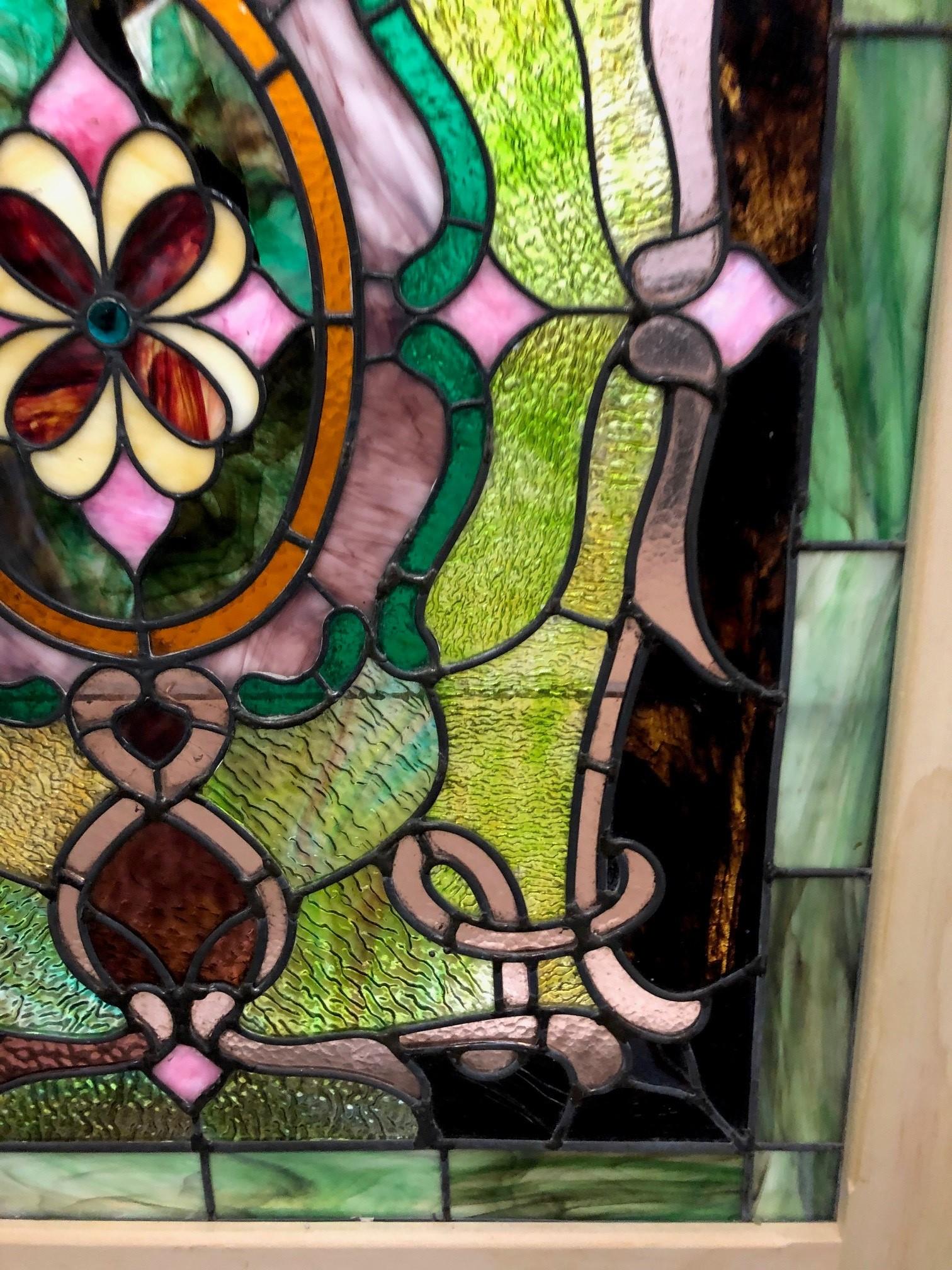 Early 20th Century Antique Stained Glass Window in a New Frame In Good Condition In Stamford, CT