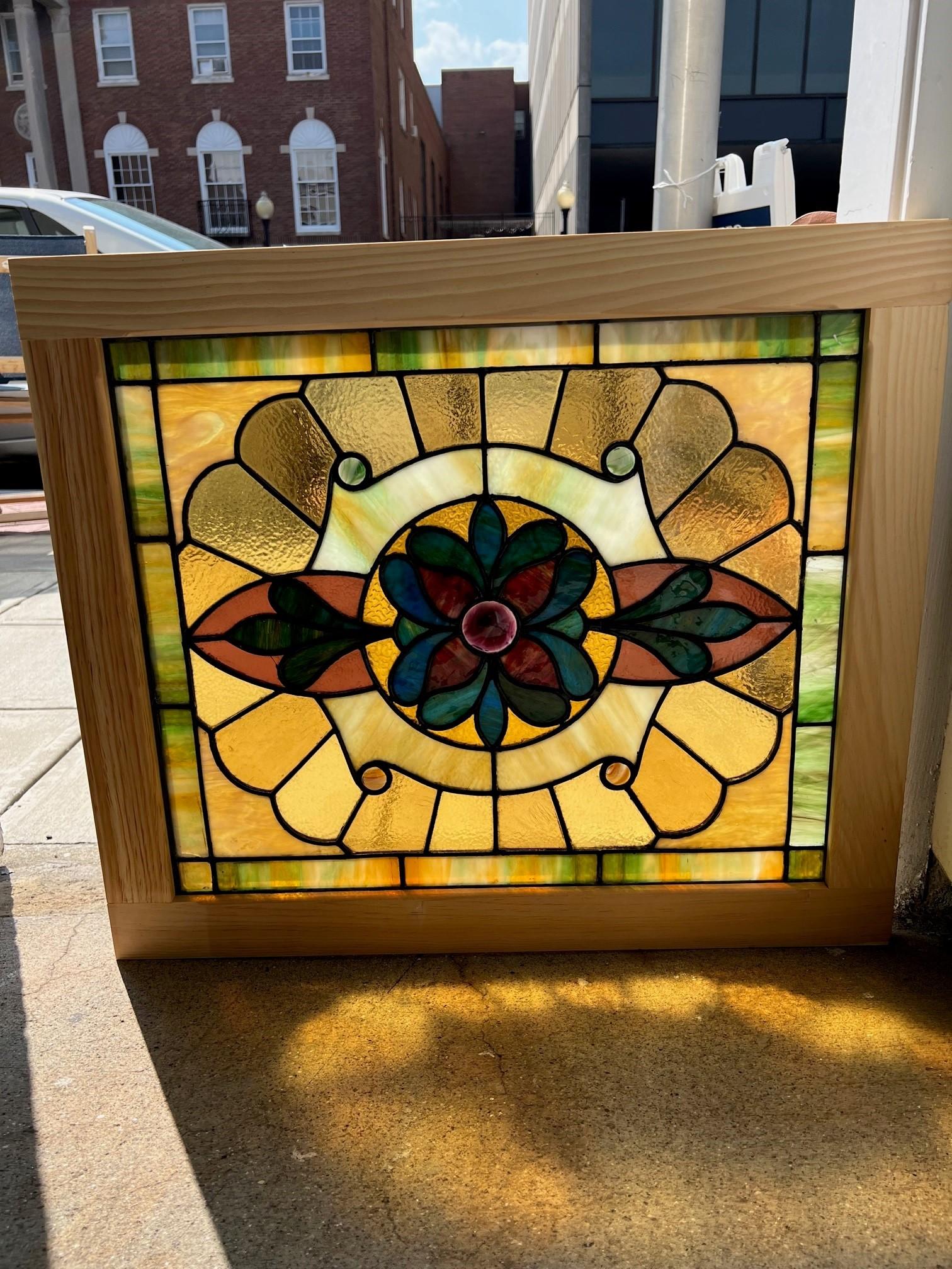 Early 20th Century Antique Stained Glass Window in a New Wood Frame  For Sale 7