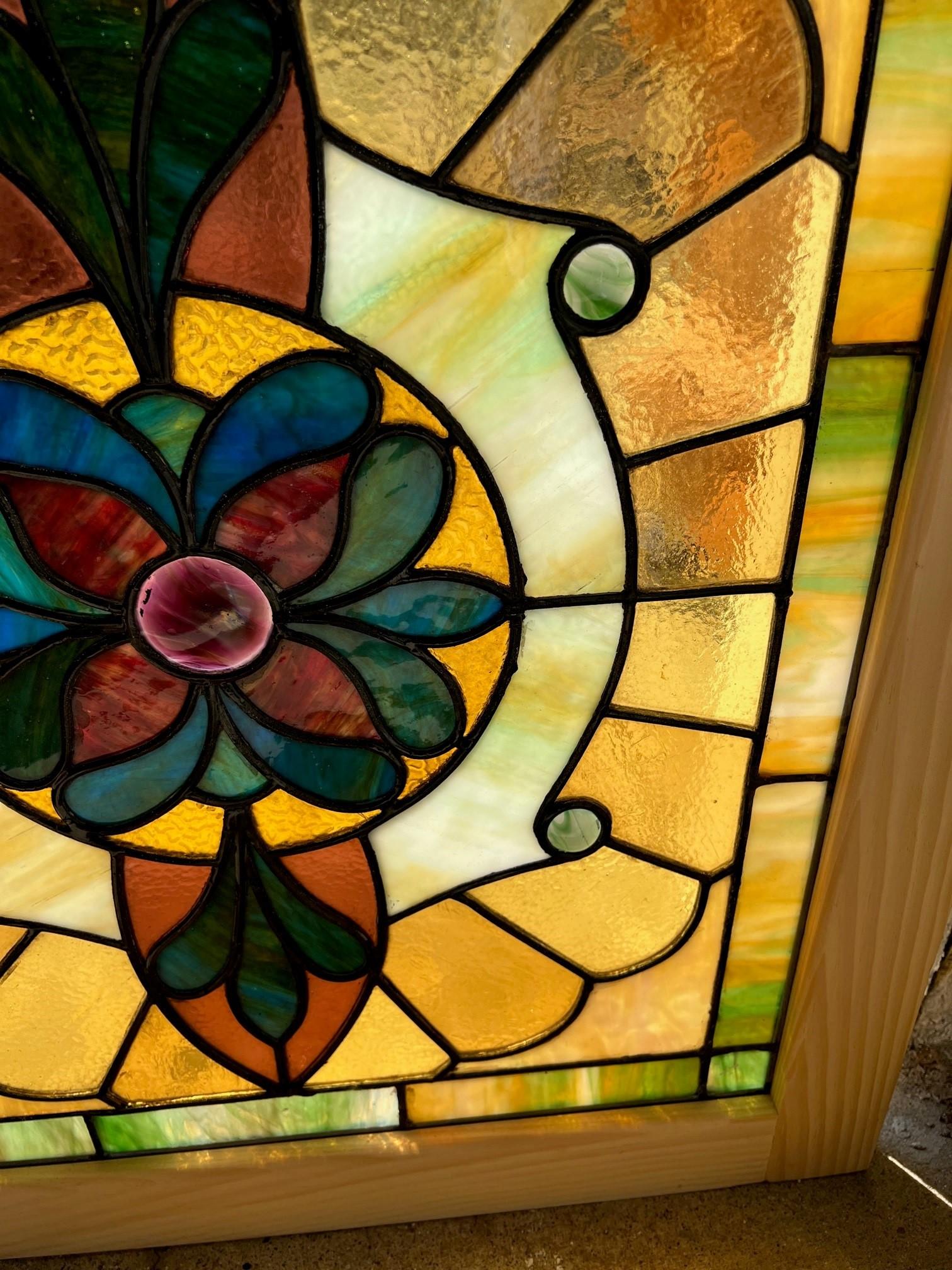 American Early 20th Century Antique Stained Glass Window in a New Wood Frame  For Sale