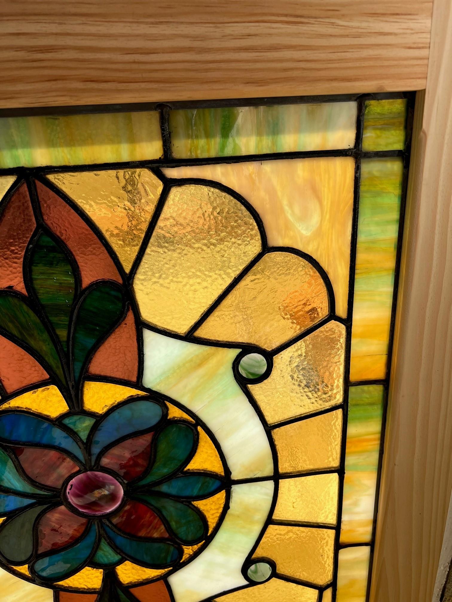 Early 20th Century Antique Stained Glass Window in a New Wood Frame  In Good Condition For Sale In Stamford, CT