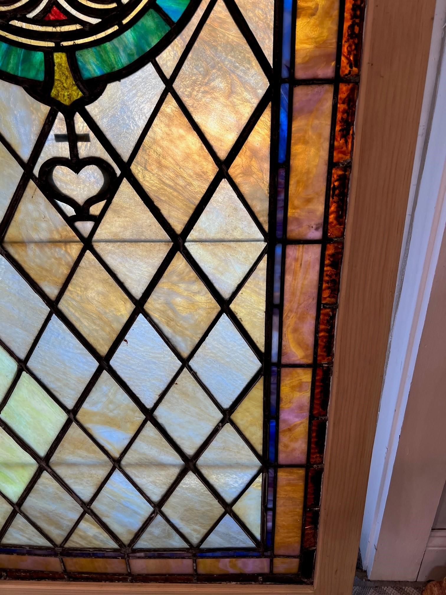 Early 20th Century Antique Stained Glass Window in a New Wood Frame In Good Condition In Stamford, CT