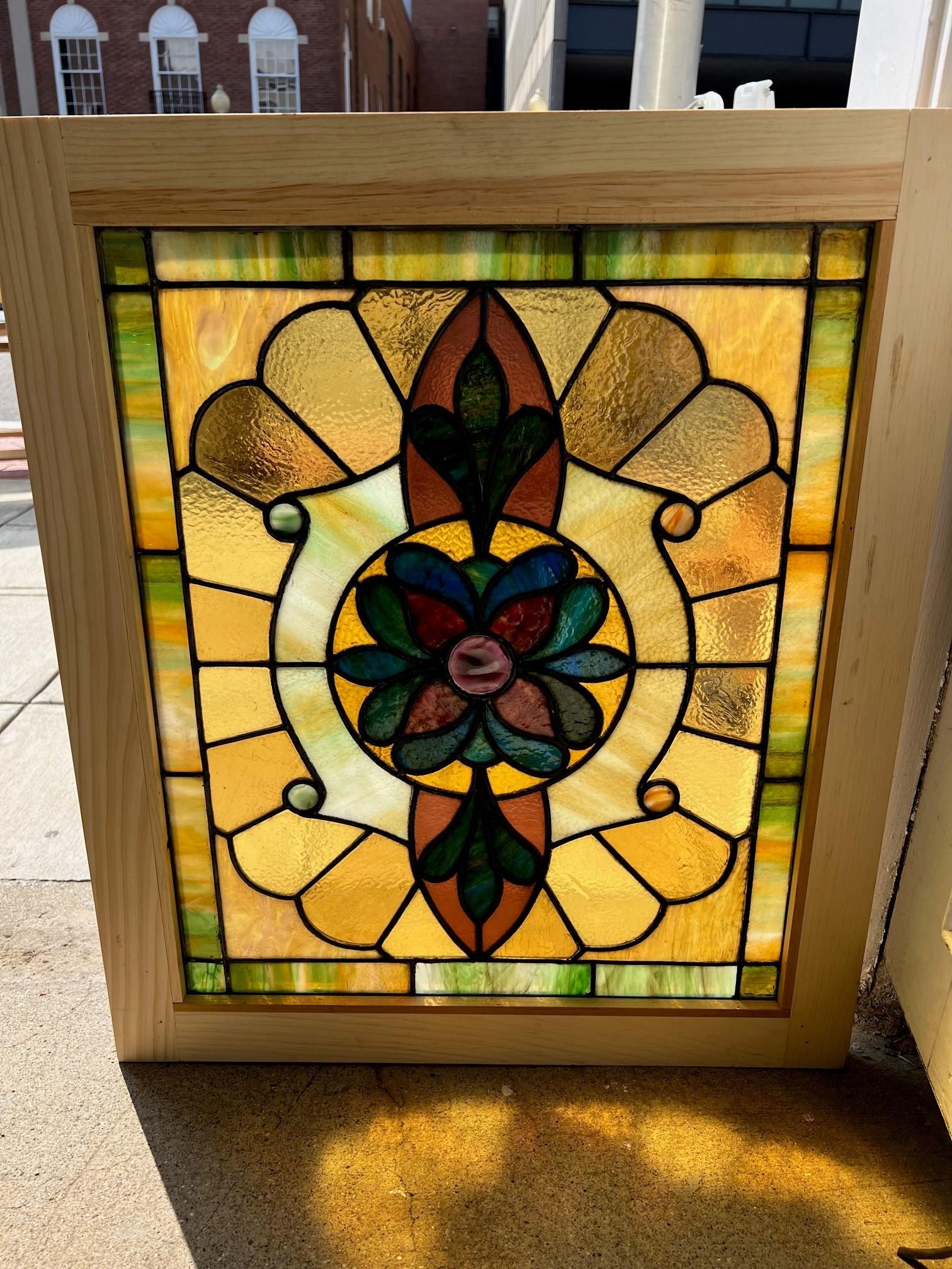 Early 20th Century Antique Stained Glass Window in a New Wood Frame  For Sale 3