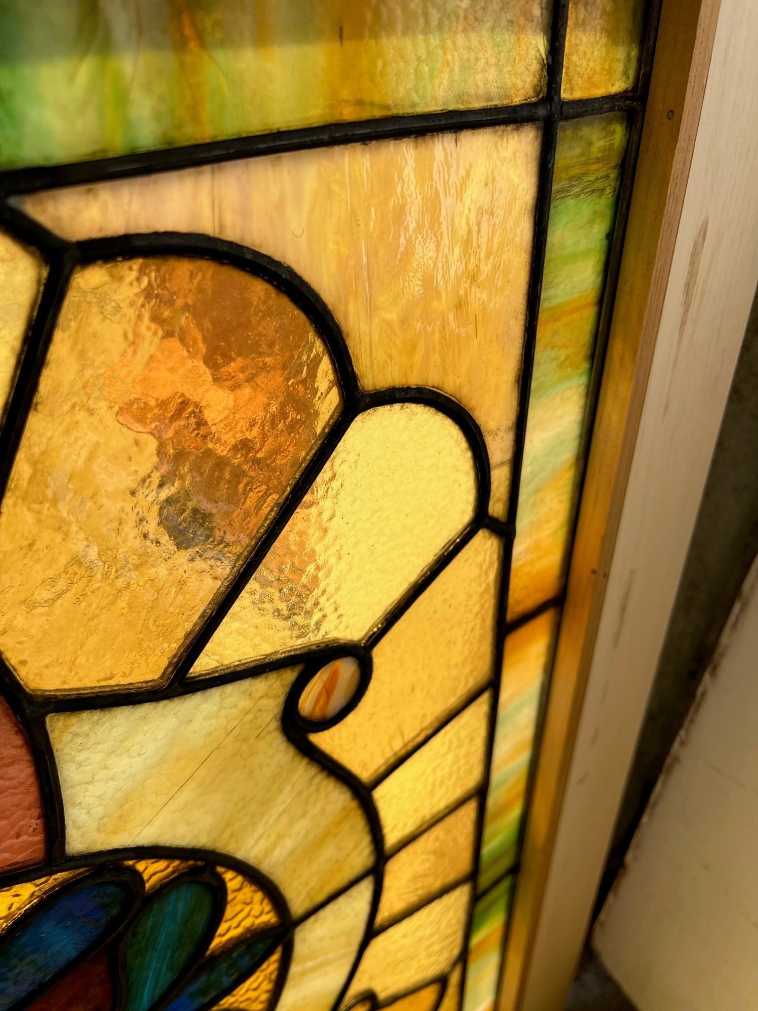 Early 20th Century Antique Stained Glass Window in a New Wood Frame  For Sale 5