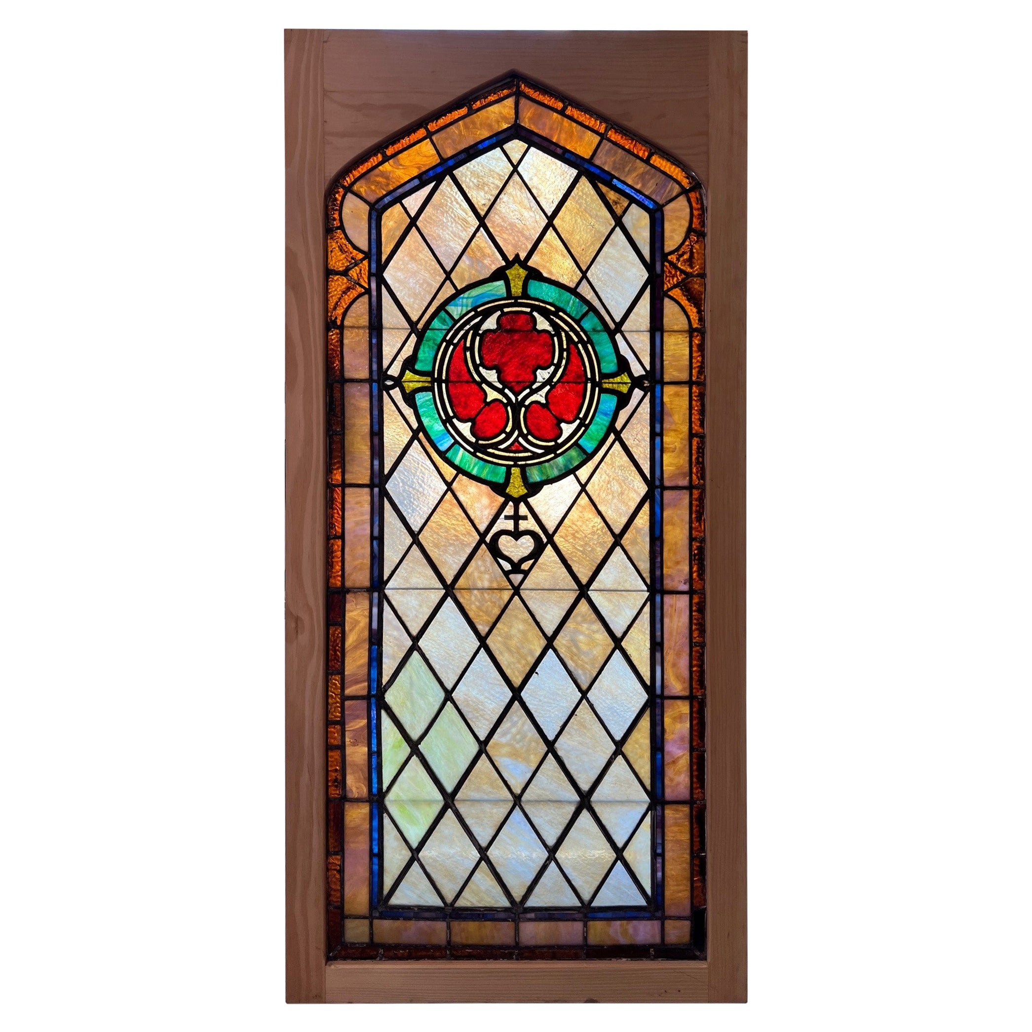 Early 20th Century Antique Stained Glass Window in a New Wood Frame