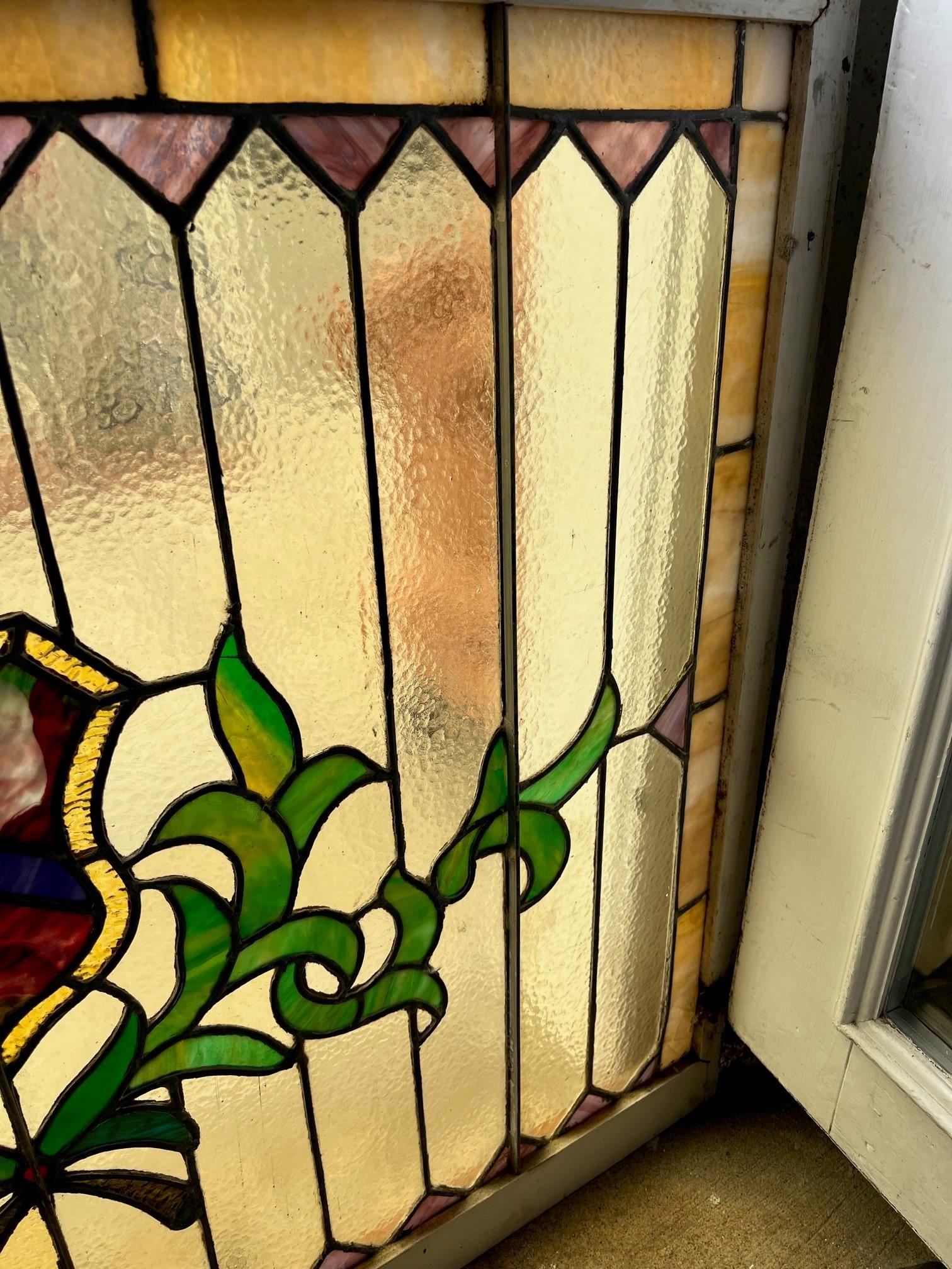 Early 20th Century Antique Stained Glass Window in a Wood Frame  For Sale 8