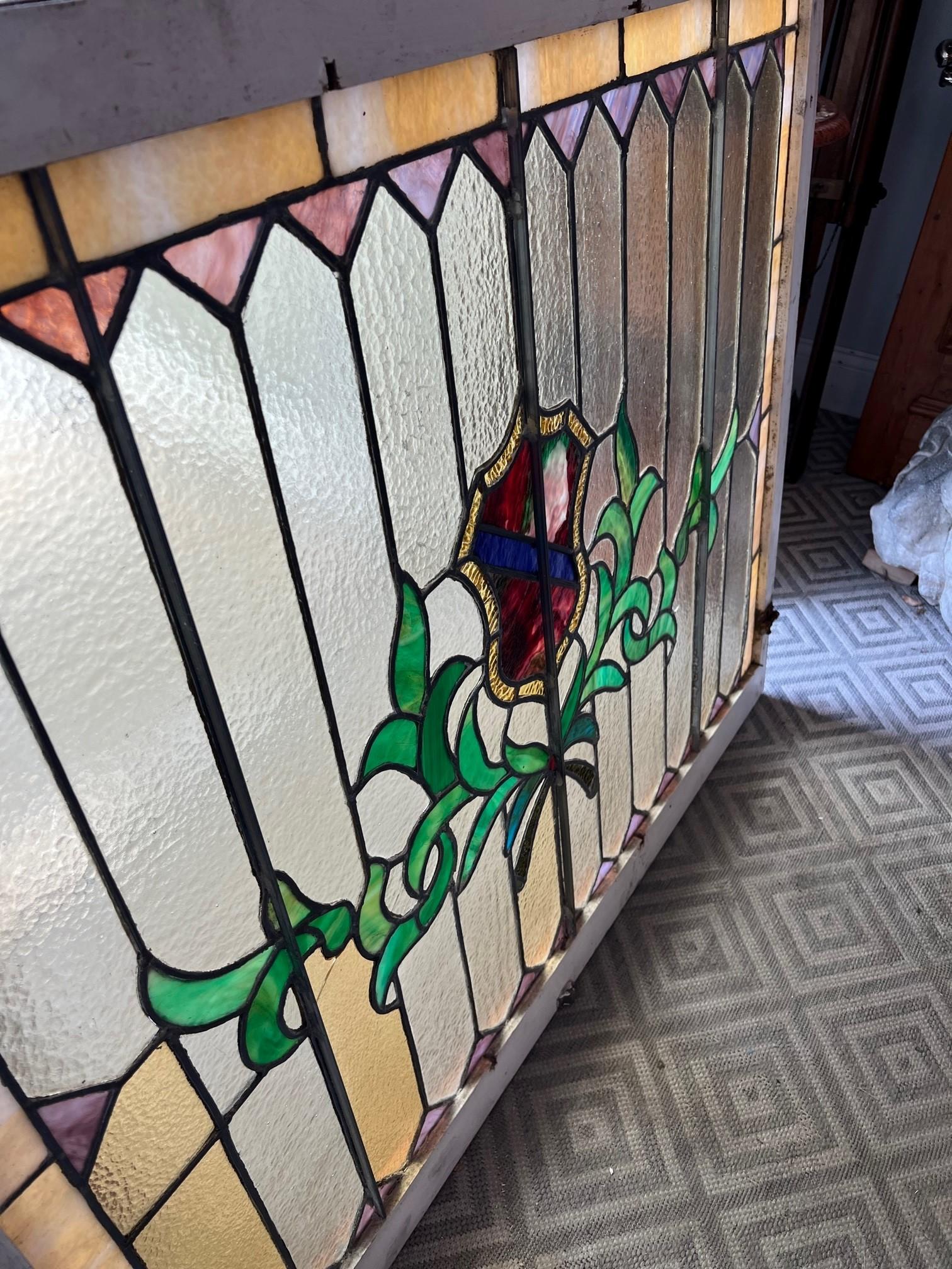 Early 20th Century Antique Stained Glass Window in a Wood Frame  For Sale 9