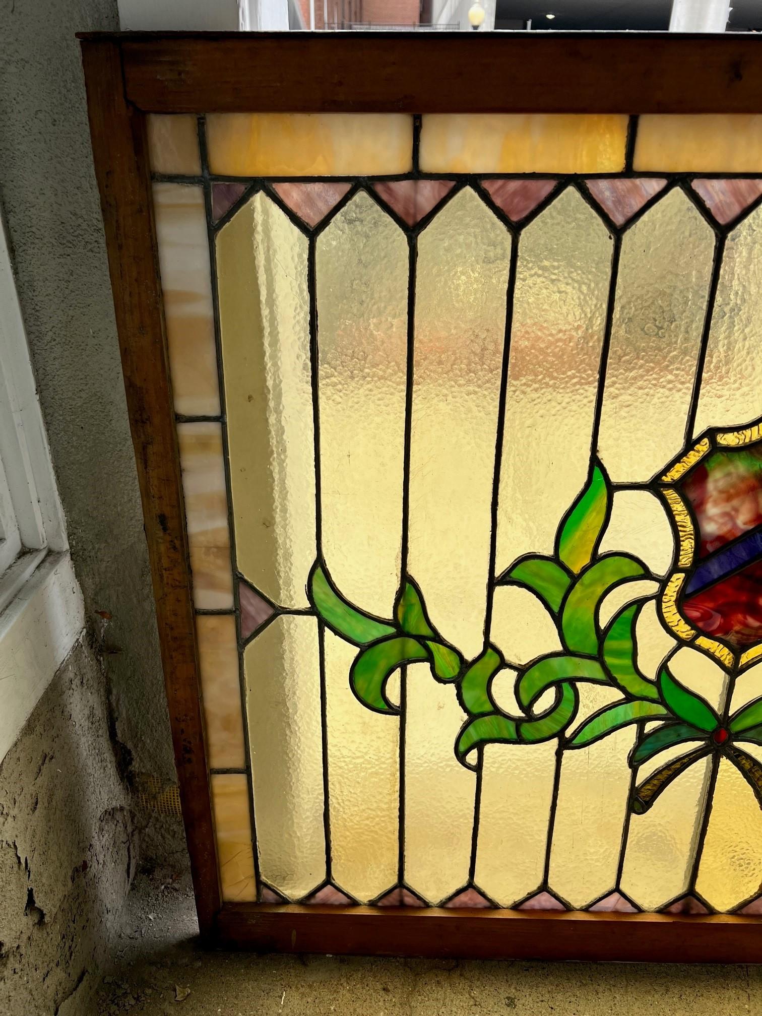 American Early 20th Century Antique Stained Glass Window in a Wood Frame  For Sale