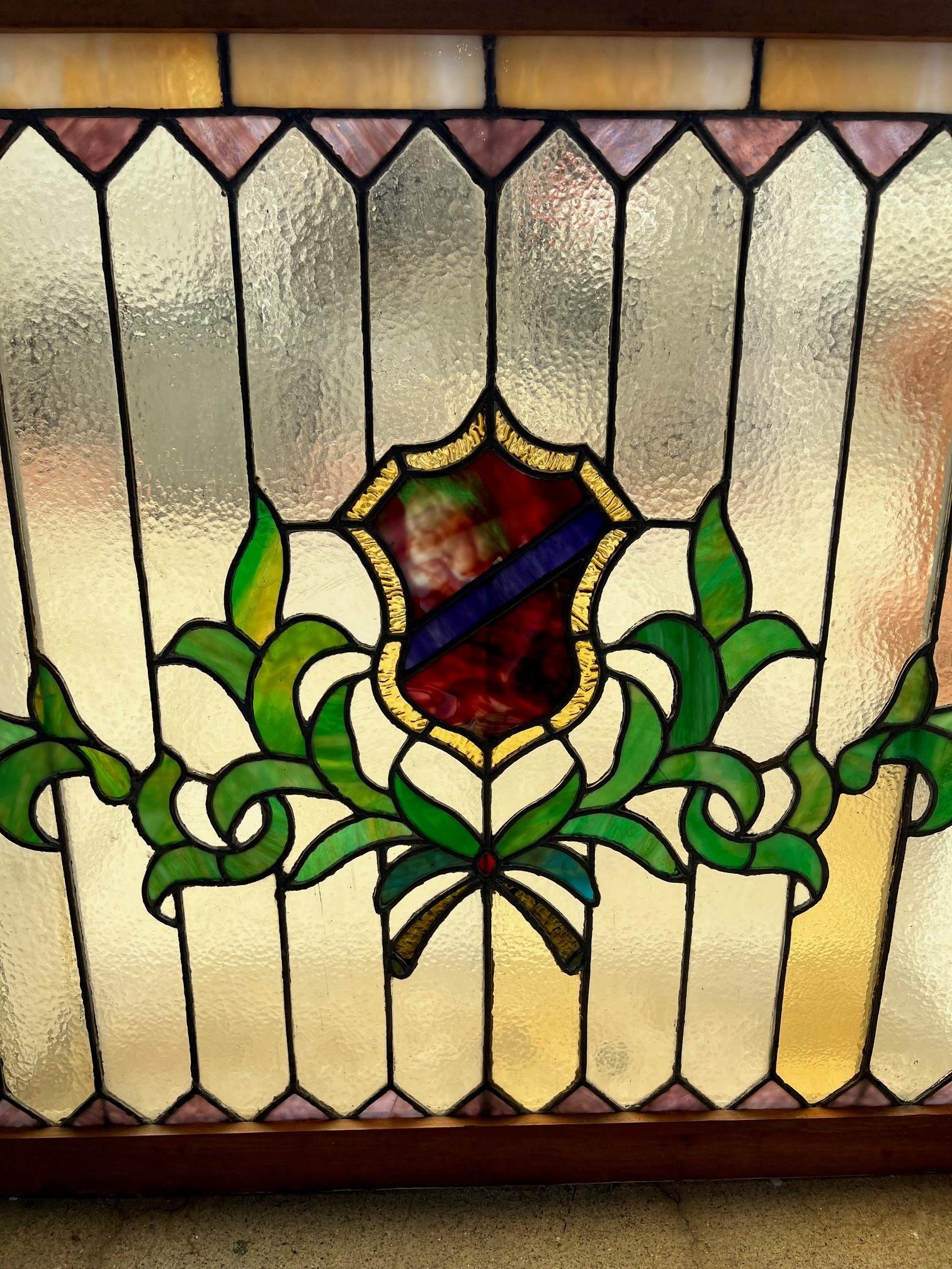 Early 20th Century Antique Stained Glass Window in a Wood Frame  In Good Condition For Sale In Stamford, CT