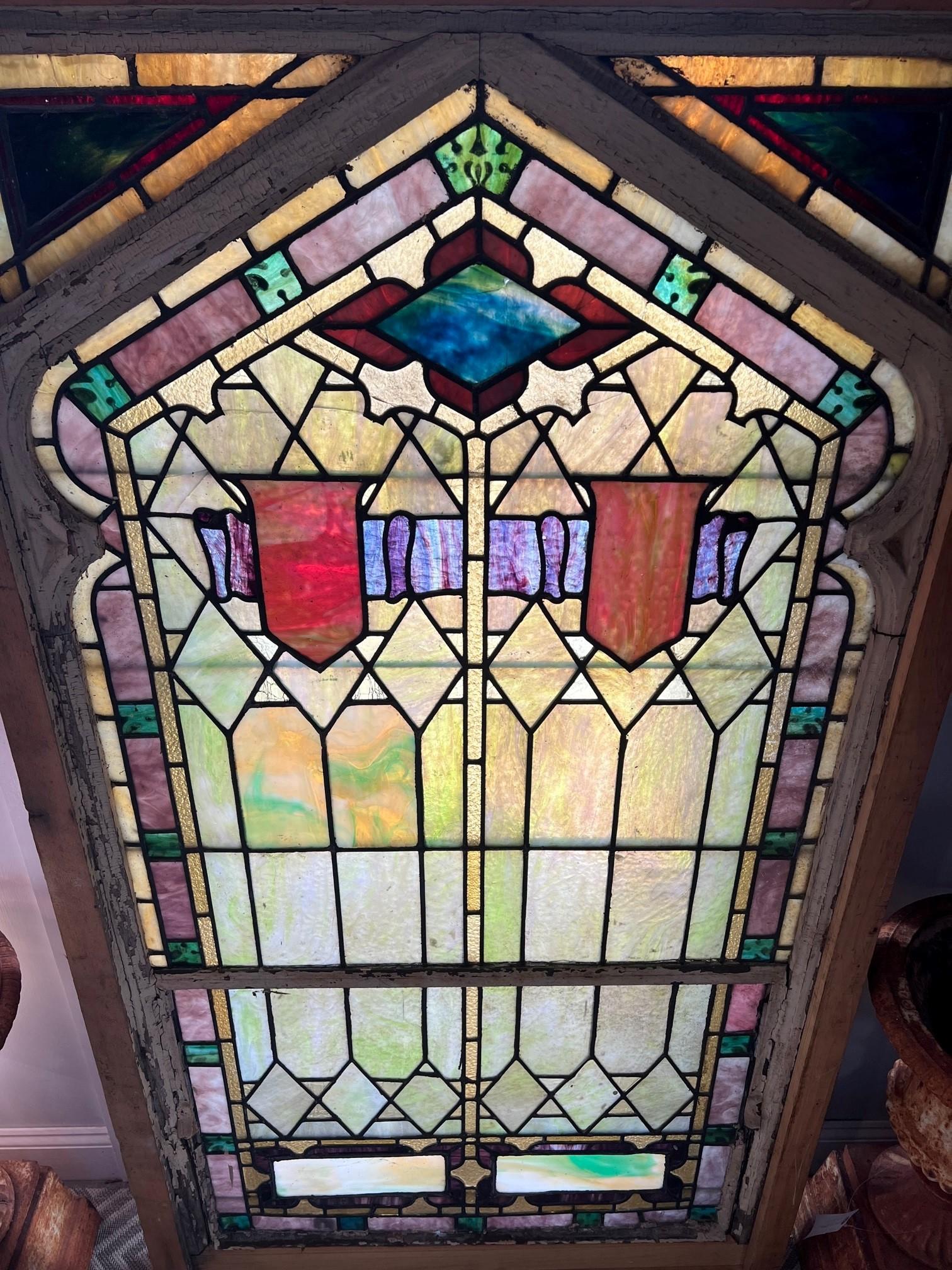 American Early 20th Century Antique Stained Glass Window in a Wood Frame For Sale