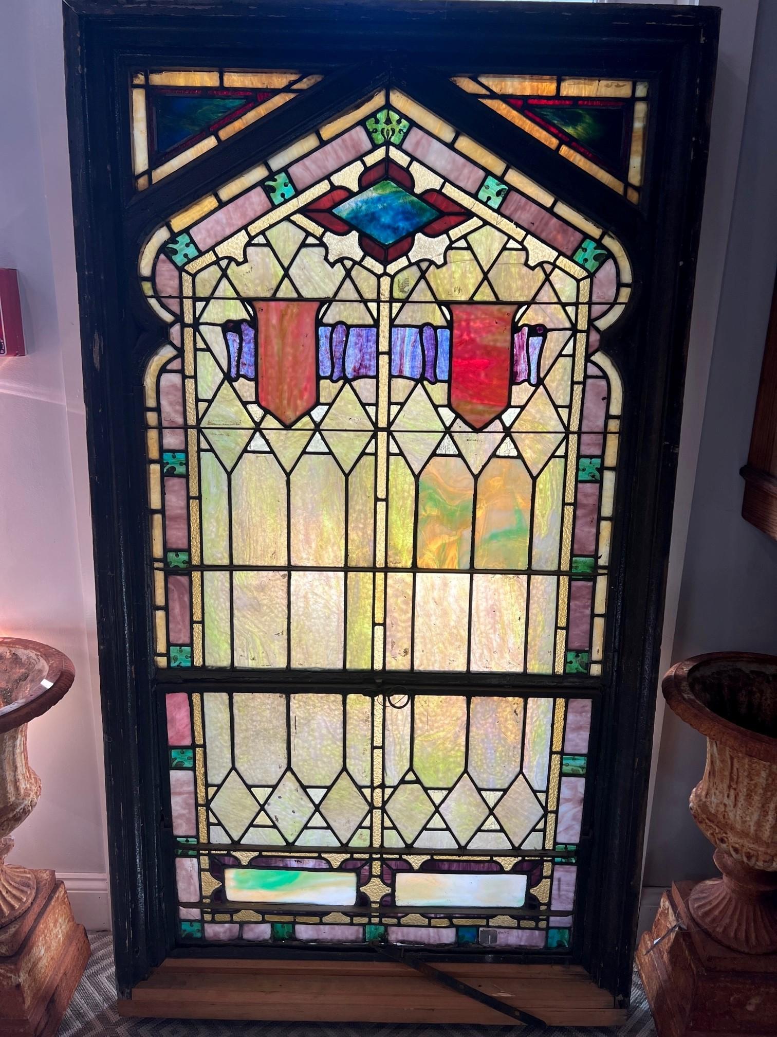 Early 20th Century Antique Stained Glass Window in a Wood Frame In Good Condition For Sale In Stamford, CT