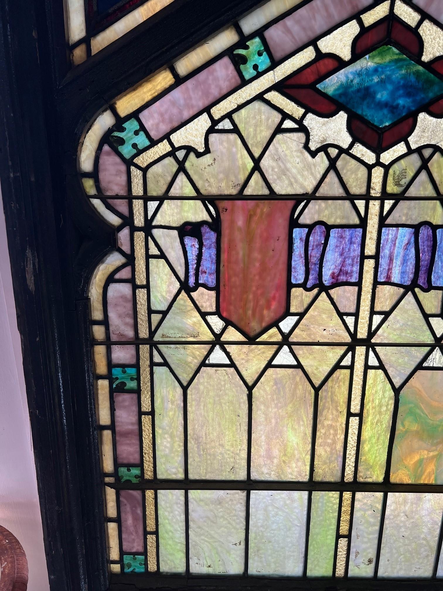 Early 20th Century Antique Stained Glass Window in a Wood Frame For Sale 1