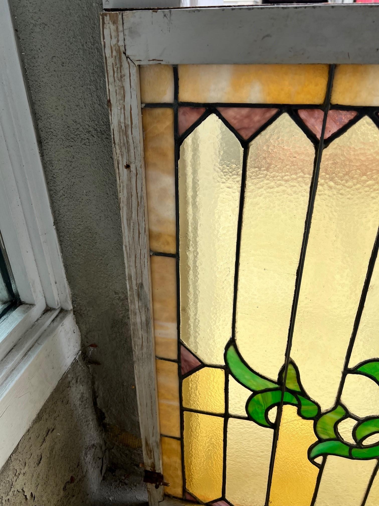 Early 20th Century Antique Stained Glass Window in a Wood Frame  For Sale 5