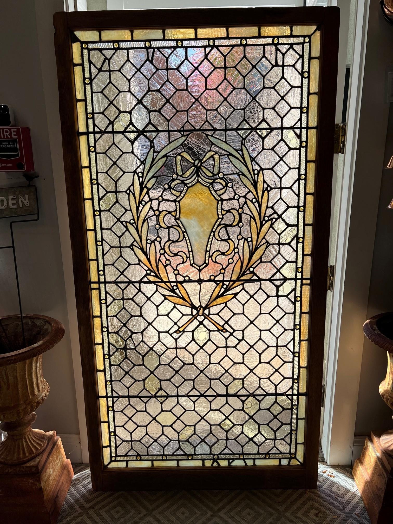 Early 20th Century Antique Stained Glass Window, Jewels in Original Wood Frame 3