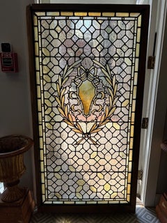 Vidriera antigua de principios del siglo XX, joyas en marco de madera original