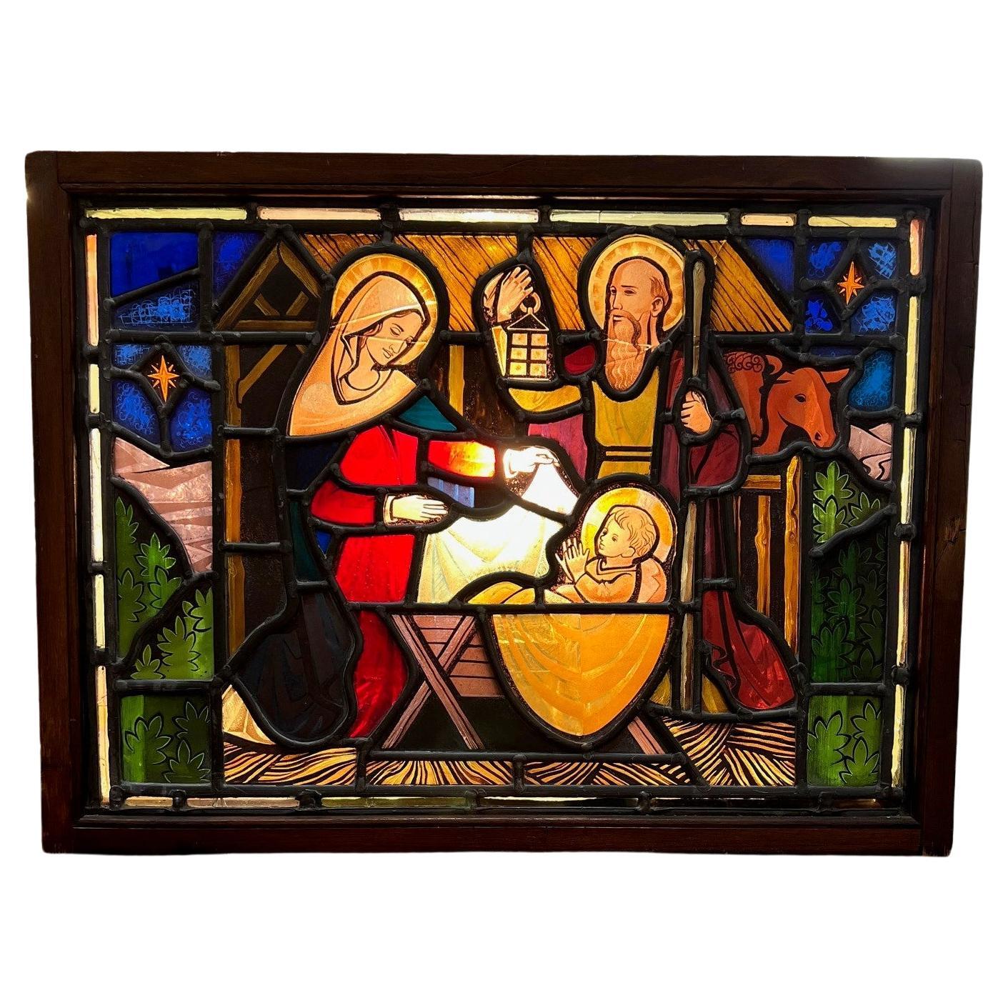 Early 20th Century, Antique Stained Glass Window of the Nativity in Shadow Box 