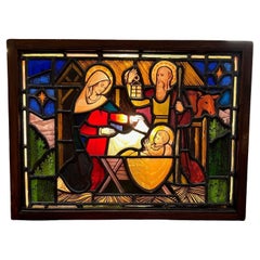 Early 20th Century, Antique Stained Glass Window of the Nativity in Shadow Box