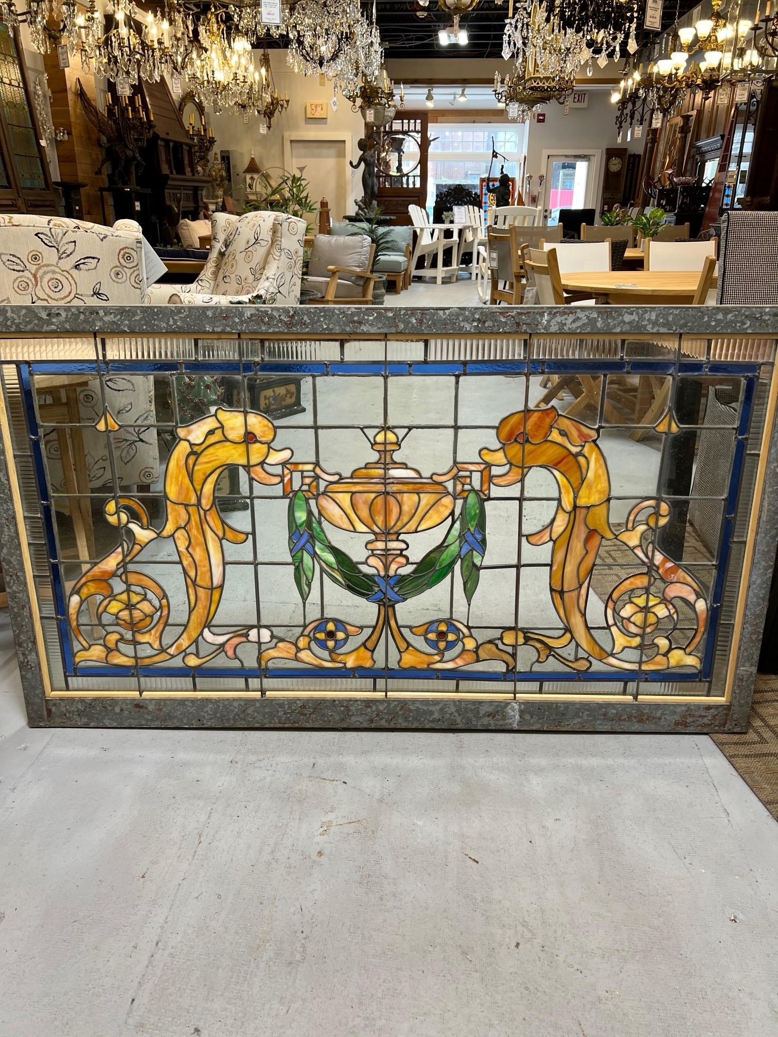 Early 20th Century Antique Stained Glass Window with Dolphins and Urn For Sale 2