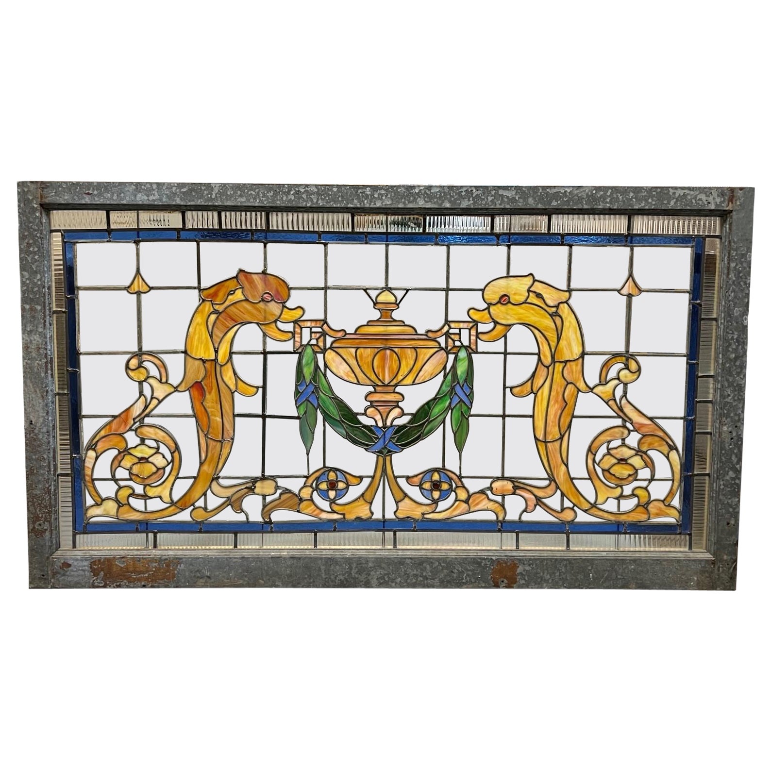 Early 20th Century Antique Stained Glass Window with Dolphins and Urn