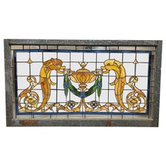Early 20th Century Antique Stained Glass Window with Dolphins and Urn