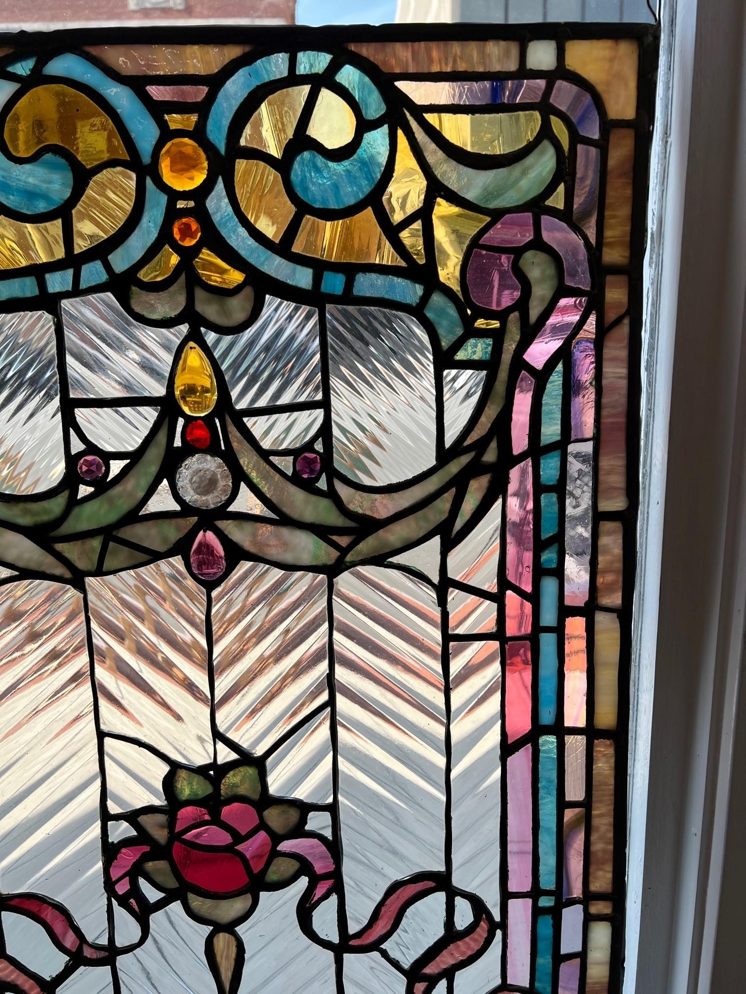 Early 20th Century Antique Stained Glass Window with Jewels In Good Condition In Stamford, CT