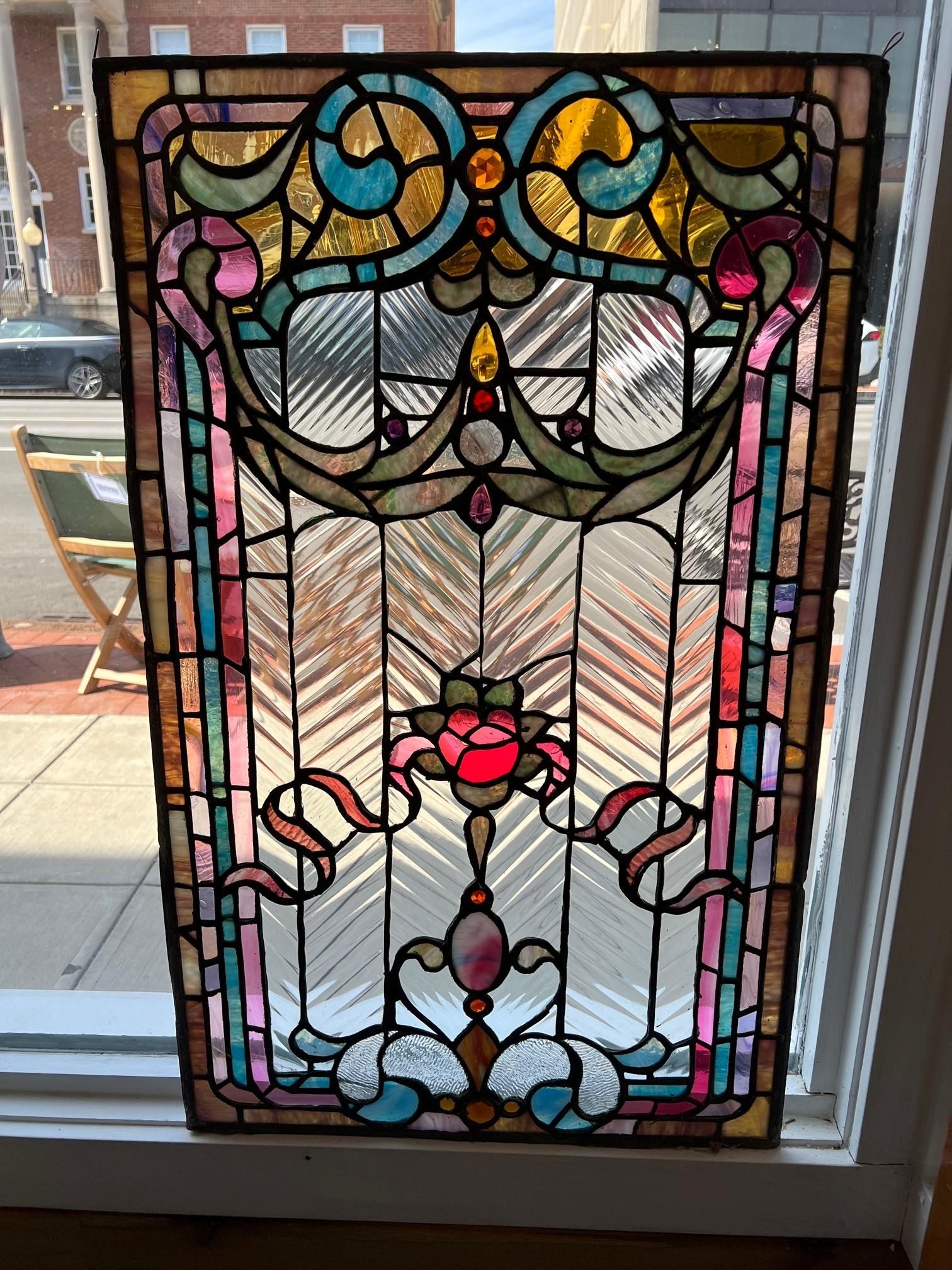 Early 20th Century Antique Stained Glass Window with Jewels 5