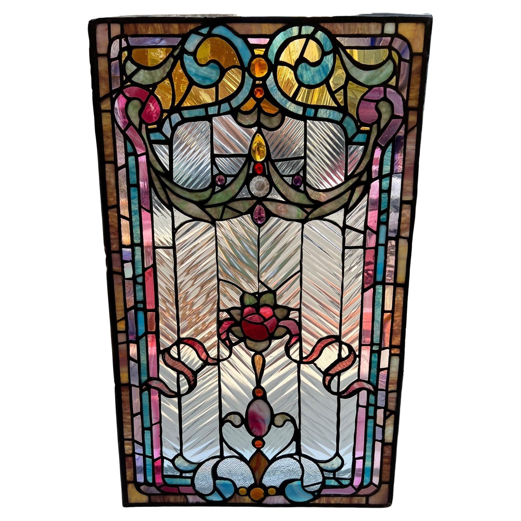 Early 20th Century Antique Stained Glass Window with Jewels