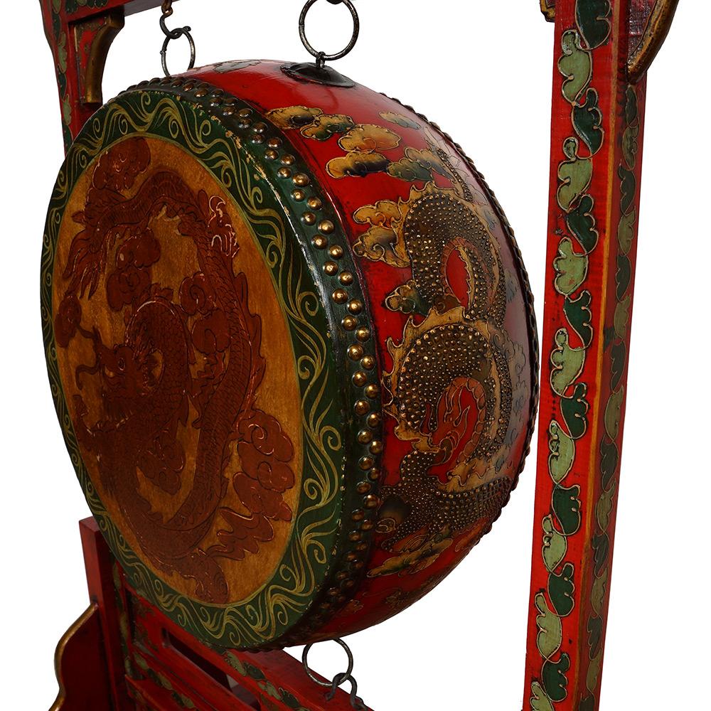 Leather Early 20th Century Antique Tibetan Dragon and Phoenix Drum with Stand For Sale
