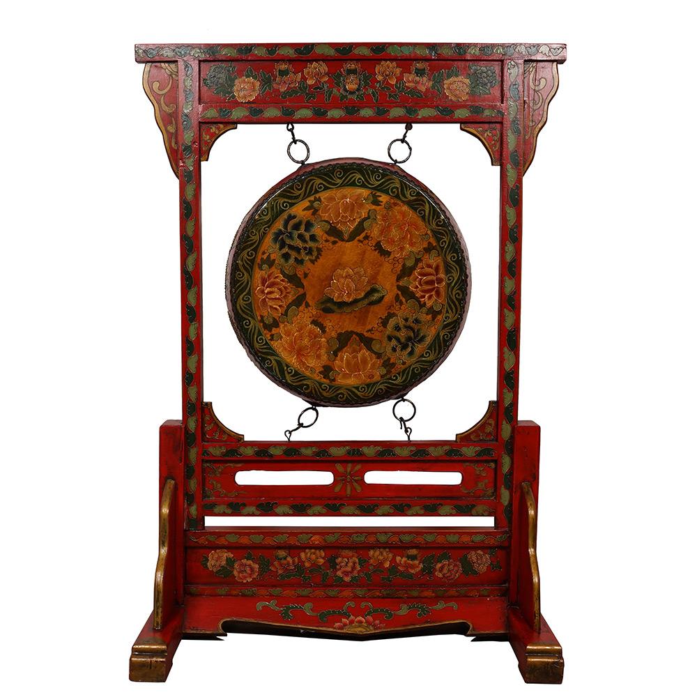 20ième siècle Tambour tibétain ancien du début du 20e siècle avec Dragon et Phoenix et Stand en vente