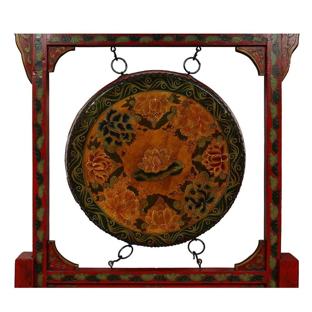 Cuir Tambour tibétain ancien du début du 20e siècle avec Dragon et Phoenix et Stand en vente