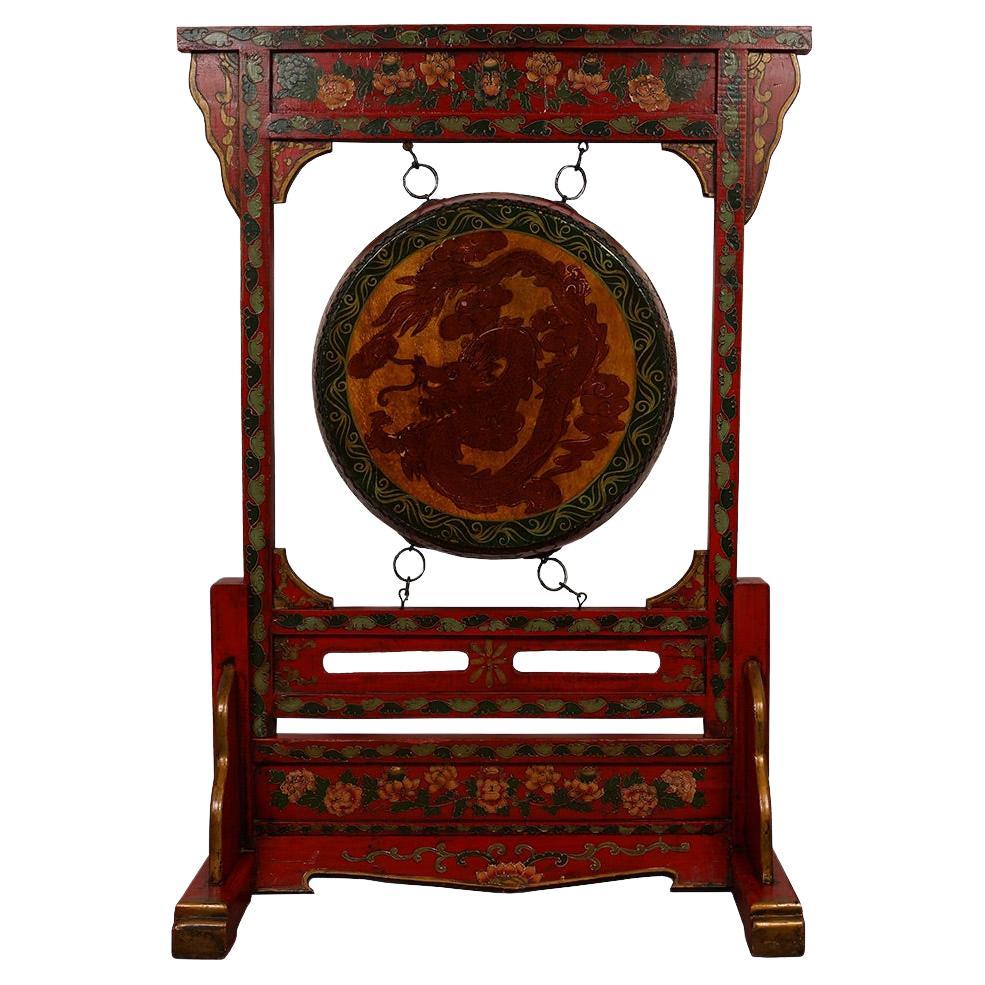 Early 20th Century Antique Tibetan Dragon and Phoenix Drum with Stand For Sale
