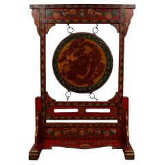 Early 20th Century Antique Tibetan Dragon and Phoenix Drum with Stand