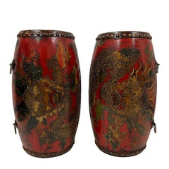 Early 20th Century Antique Tibetan Hand Painted Dragon Drums, 3 Pieces Set