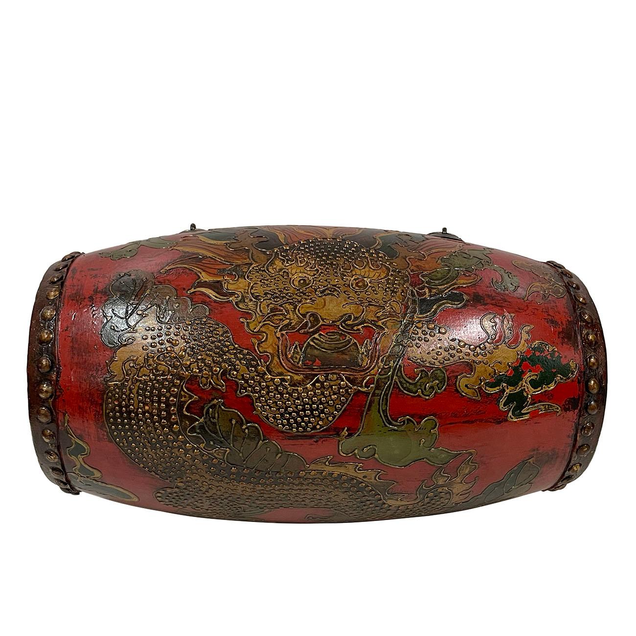 Chinese Export Early 20th Century Antique Tibetan Hand Painted Dragon Drums, 3 Pieces Set For Sale