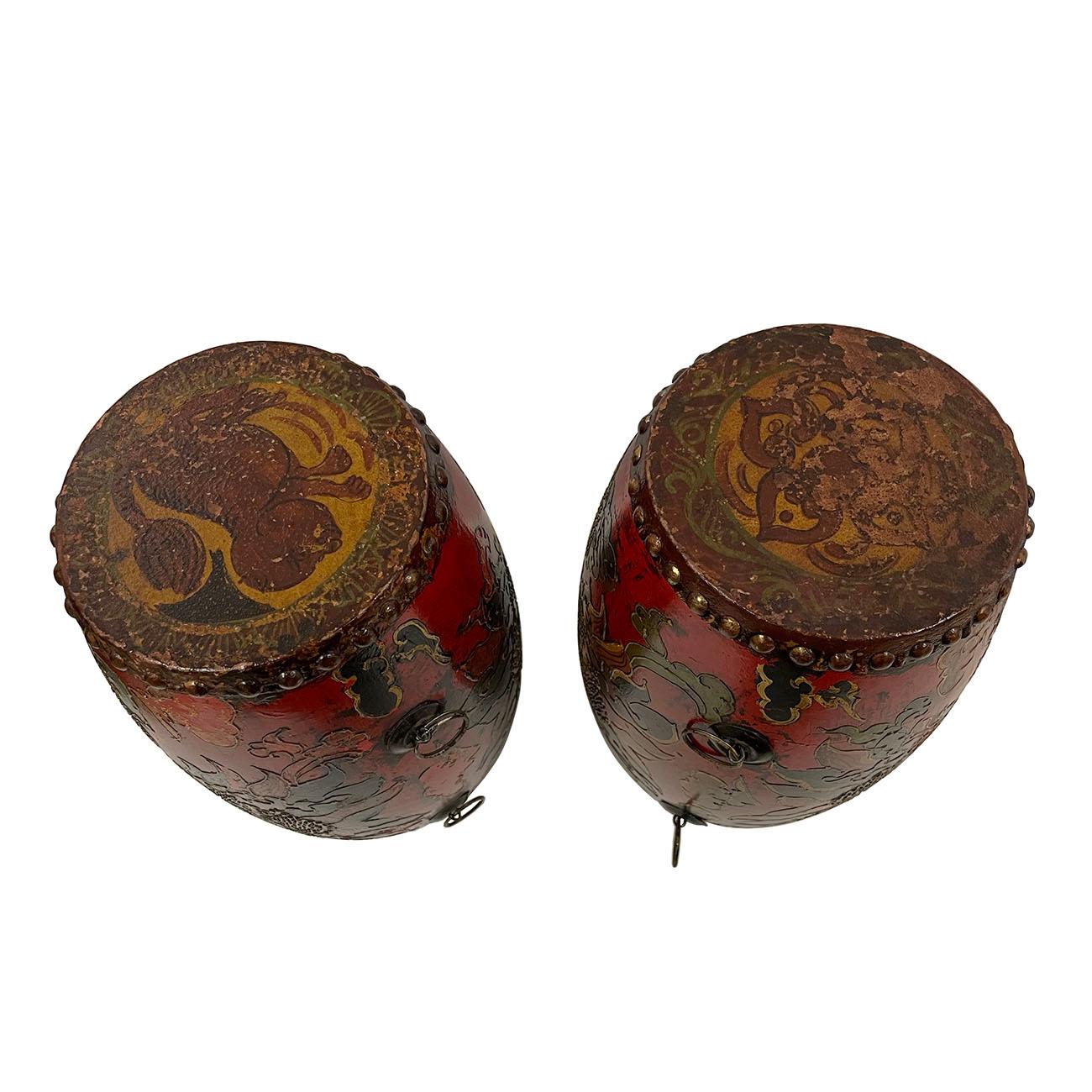 Early 20th Century Antique Tibetan Hand Painted Dragon Drums, 3 Pieces Set In Good Condition For Sale In Pomona, CA