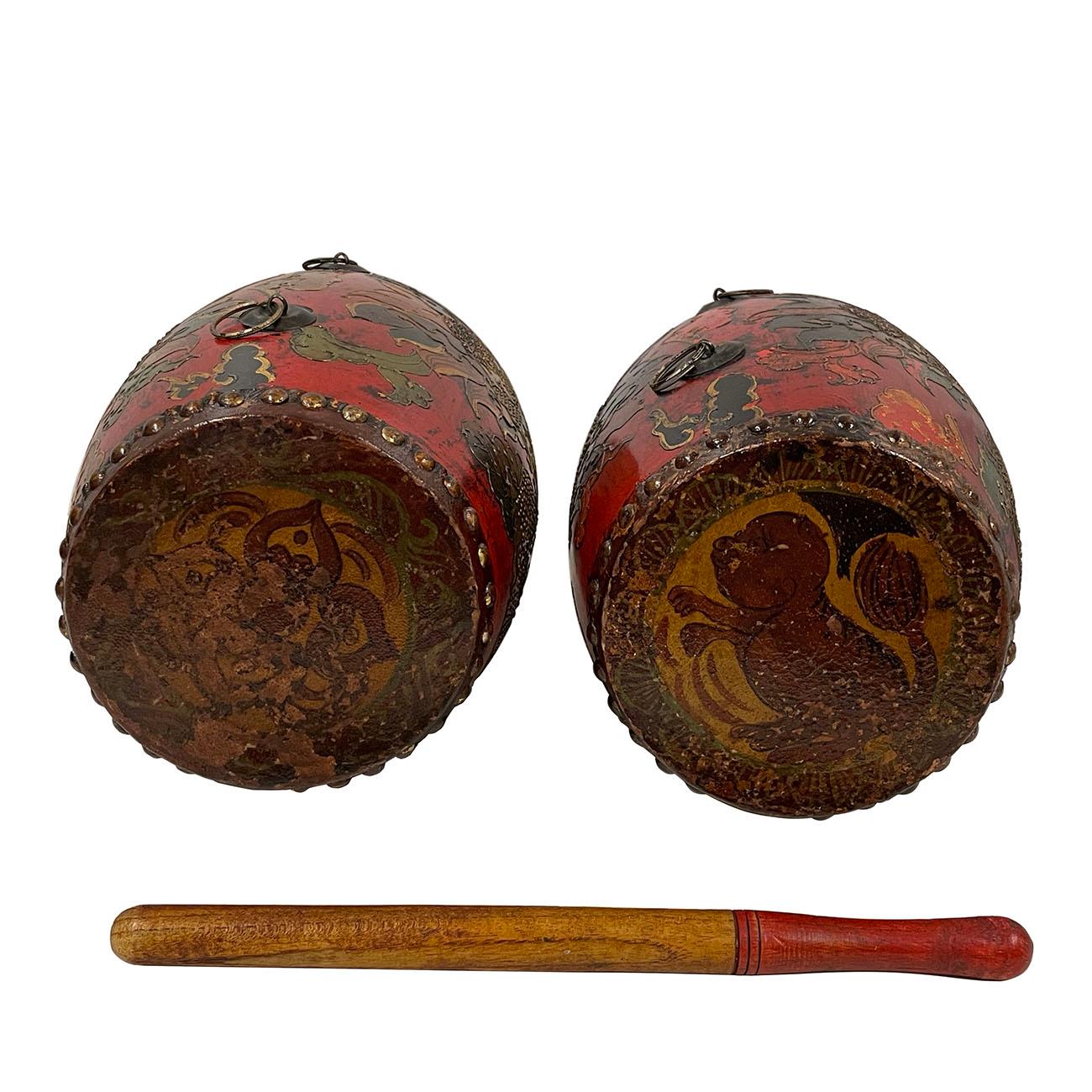 Leather Early 20th Century Antique Tibetan Hand Painted Dragon Drums, 3 Pieces Set For Sale