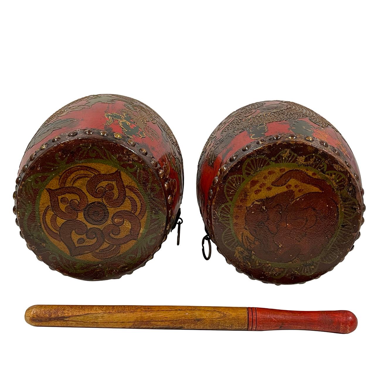 Early 20th Century Antique Tibetan Hand Painted Dragon Drums, 3 Pieces Set For Sale 1
