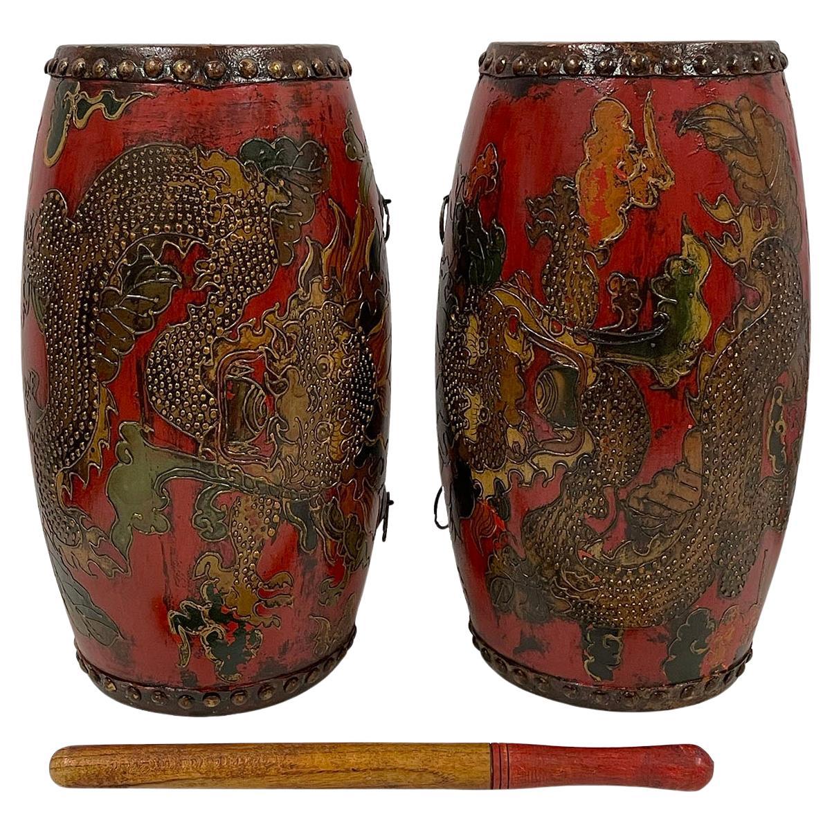 Early 20th Century Antique Tibetan Hand Painted Dragon Drums, 3 Pieces Set For Sale