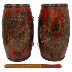 Early 20th Century Antique Tibetan Hand Painted Dragon Drums, 3 Pieces Set