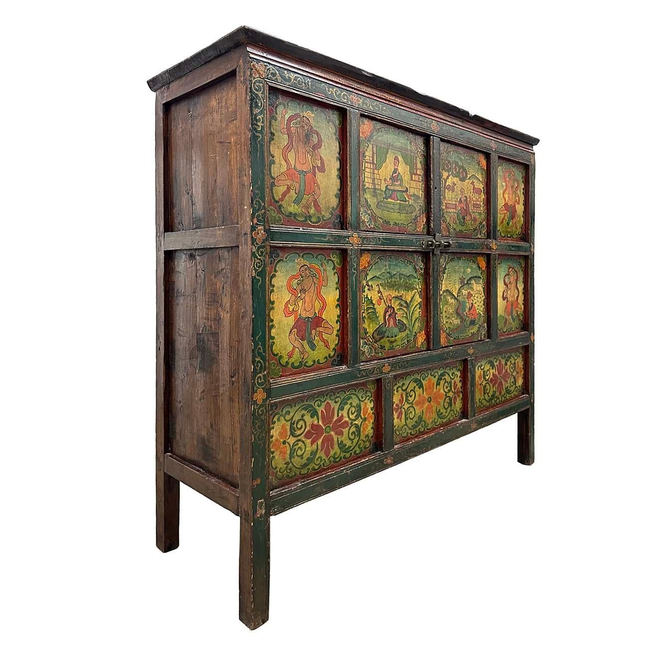 This Antique Tibetan Painted Cabinet is 100% hand made and hand painted using mineral painting which last the paint a much longer time. You can see some of the finish has already lost. This Cabinet has 2 double open doors compartment on the front