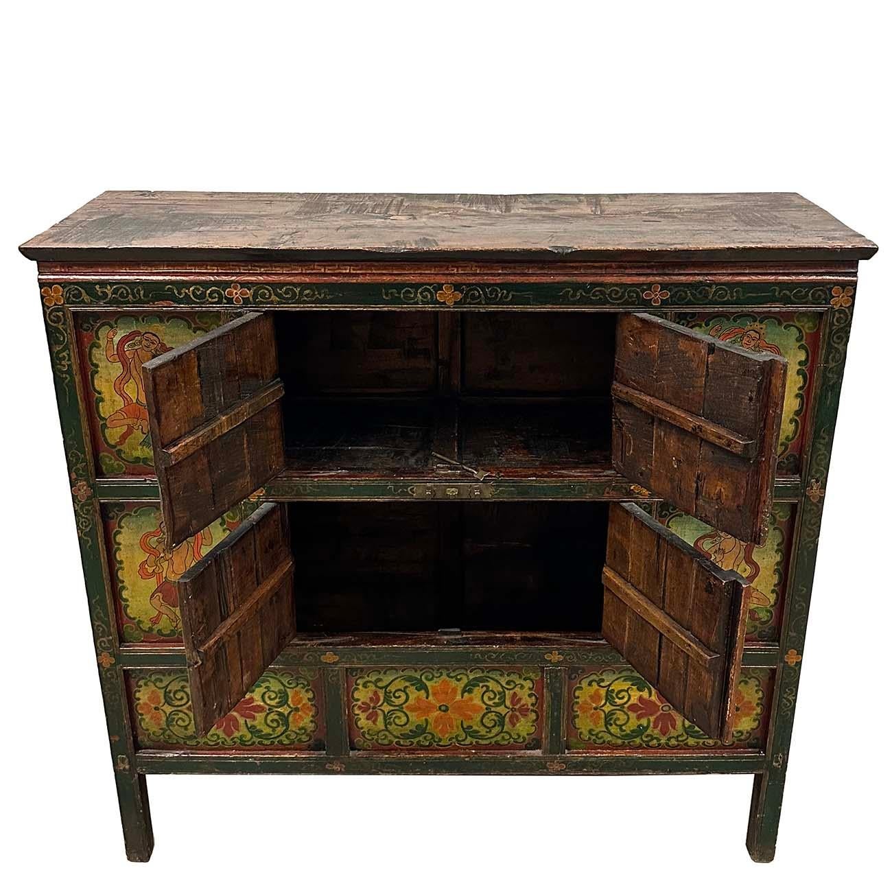 Chinese Export Early 20th Century Antique Tibetan Hand Painted Tall Credenza Storage Cabinet For Sale